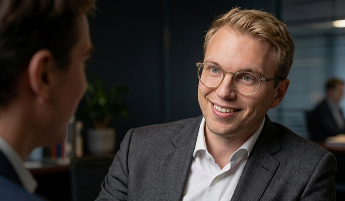 Smiling man with glasses and blond hair wearing a gray suit and white shirt in a professional office setting.